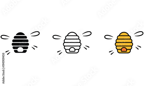 Simple vector illustration of three beehive icons in different colors and styles representing apiculture and beekeeping concepts effectively symbolizing honey production and hive management.