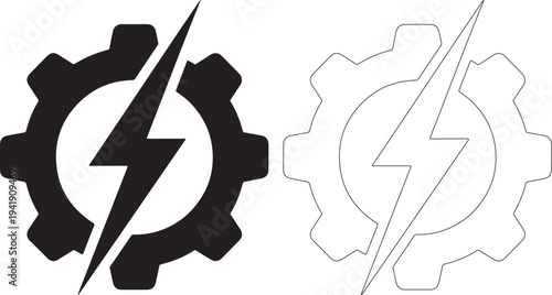 Black and white gear icons with lightning bolts