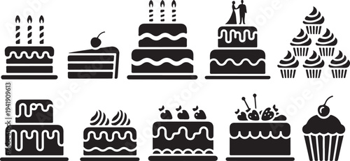 Bakery, cake silhouette icon set. Pastry and dessert icon collection for culinary projects 
