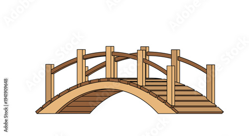 A light brown wooden arched bridge, complete with steps and slatted railings, is depicted in a flat design style on a plain white background.