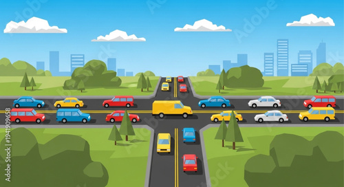 Traffic Congestion on a Busy City Road with Cars and Vans.