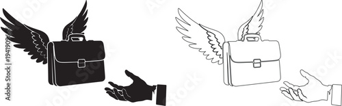 Black and white illustration of winged briefcases with hands reaching out