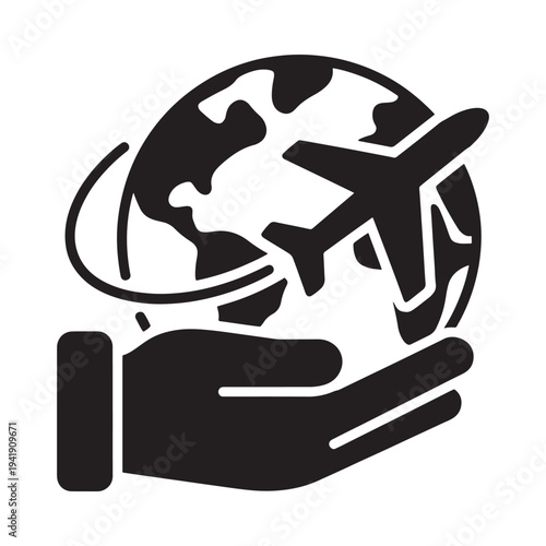 A black silhouette depicting a plane flying around a world held by a hand