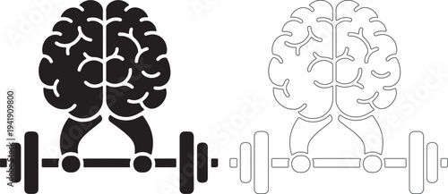 Brain lifting dumbbell in black and white illustration style