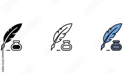 Set of three vector quill pen illustrations with inkwell in different styles and colors representing creativity and writing on a clean white background for graphic design projects.