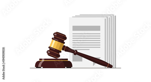 A brown wooden judge's gavel rests on its sound block next to a tall stack of legal documents on a plain white background.