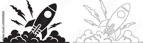 Rocket ship launching into space with explosion and smoke