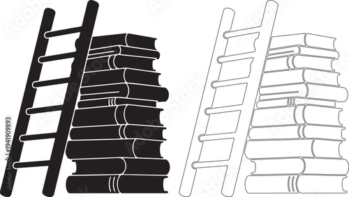 Black and white illustration of two ladders leaning on stacks of books