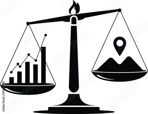 Balance scale with growth chart and location pin illustrating business success and decision making