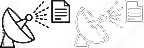 Black and white illustration of satellite dishes transmitting and receiving data