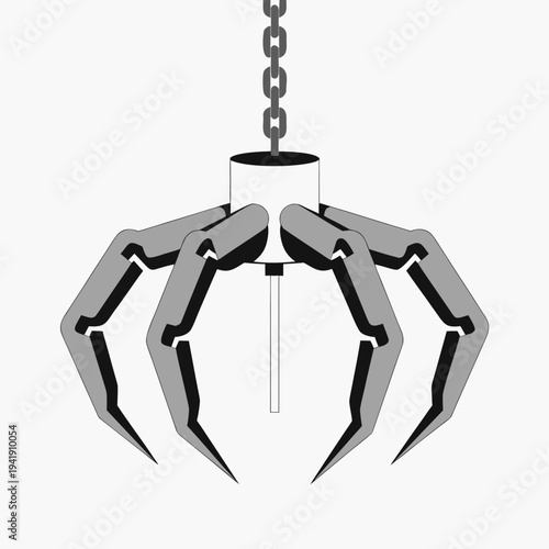 Stylized mechanical claw hangs from a chain isolated on white