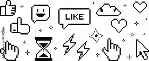 Pixel art like icons set with social media engagement symbols in black and white