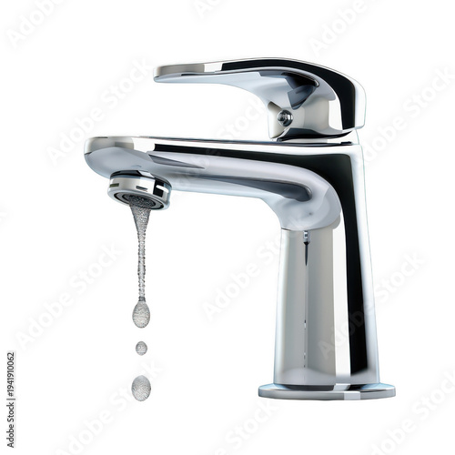 Chrome faucet with dripping water droplets isolated on a transparent background