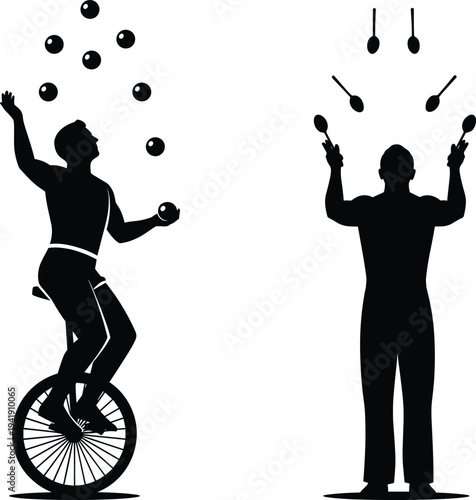 Juggling Performer on Unicycle and Standing Juggler Silhouettes Circus Entertainment Skill Performance Vector Illustration Set