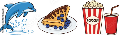 Jumping dolphin splash, blueberry cheesecake slice, and popcorn with soda illustration set for marine life, dessert and cinema snack concept