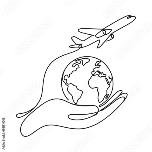 A single line drawing of a hand holding earth with an airplane