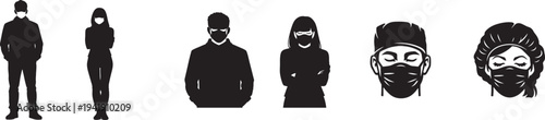 Man and woman wearing medical face masks, healthcare protection icon set, vector glyphs.