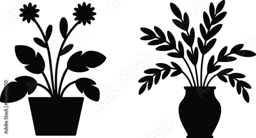 Black and white potted plant silhouettes with decorative leaves and flowers in minimalist style