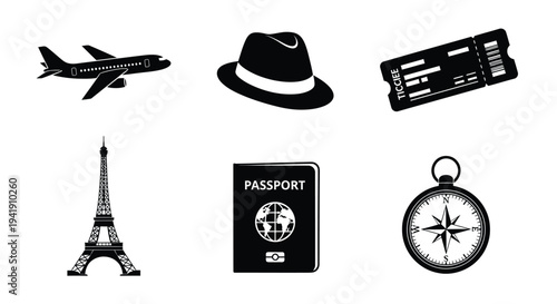 Travel silhouette icons including airplane hat ticket eiffel tower passport and compass