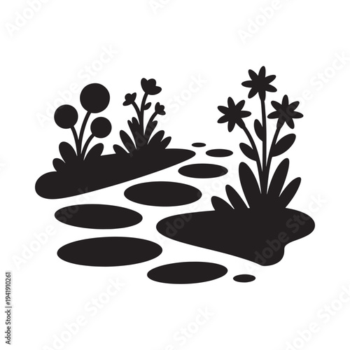 Simple black and white illustration of flowers and stepping stones