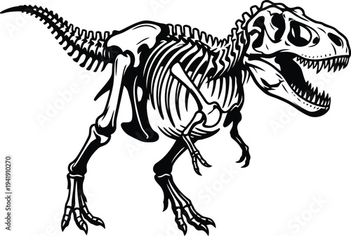 Black and white line art illustration of a roaring tyrannosaurus rex dinosaur skeleton