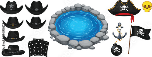 Large Vector Set Featuring Pirate Captain Hats, Cowboy Sheriff Hats, Nautical Anchor, Skull Crossbones Flag, and a Stone Water Well for Games