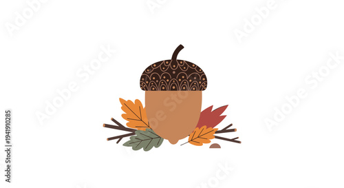 A stylized brown acorn with a decorative dark cap is surrounded by colorful autumn leaves and small twigs on a clean white backdrop.