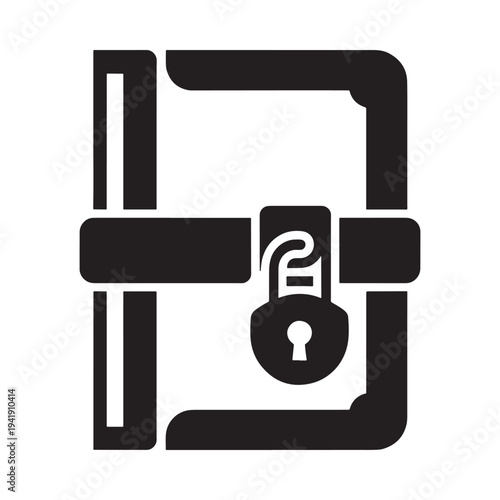 A black glyph depicting an open book with a lock securing it