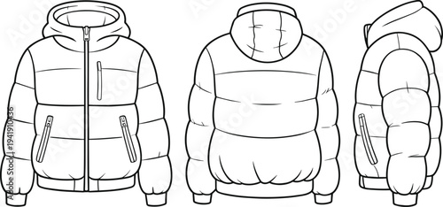 A white puffer jacket with a hood and two pockets with zippers on the front
