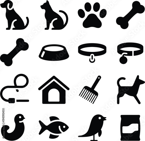 Set of black and white pet care icons with animals and accessories