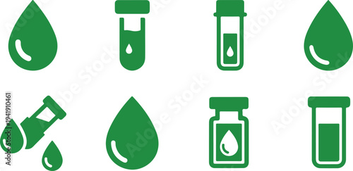 Collection of green water droplet icons in various container and liquid forms isolated on transparent background