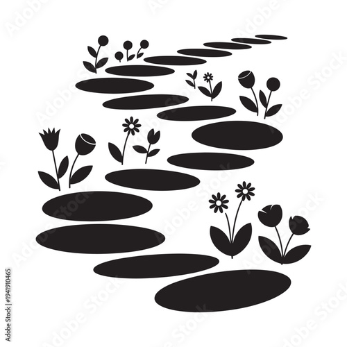 A winding path of stepping stones with floral accents depicted in black