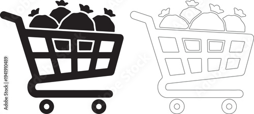 Black and white shopping cart icons with fruit in cart