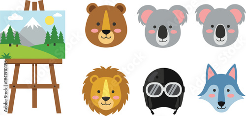 Photography Landscape Painting on Wooden Easel with Cute Animal Face Icons of Bear, Koala, L