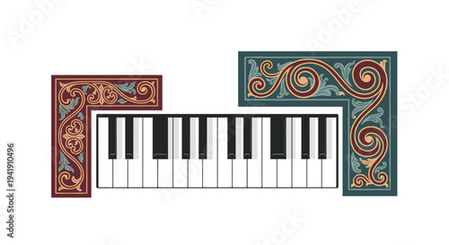 A black and white piano keyboard is centrally displayed between two ornate, swirling corner frames in contrasting red and teal hues on a white background.