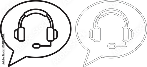 Black and white illustration of customer service icons with headsets