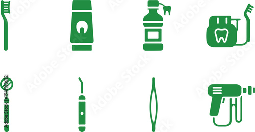 Set of dental hygiene and oral care icons featuring toothbrushes floss and cleaning tools isolated on transparent background