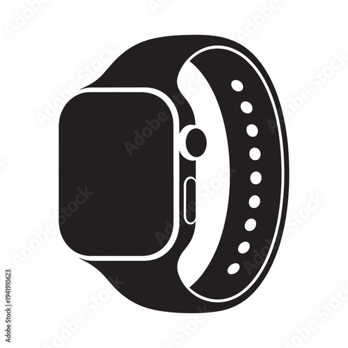 A black and white icon depicting a modern smartwatch with a sport band