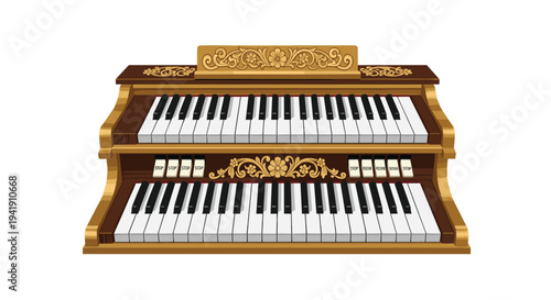 A two-tiered electronic organ, featuring dual keyboards and elegant gold scrollwork with floral motifs, is presented on a pristine white background.