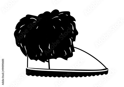 Silhouette illustration of short ugg boots with fluffy fur upper and flat sole. Warm winter footwear vector illustration isolated on white background.