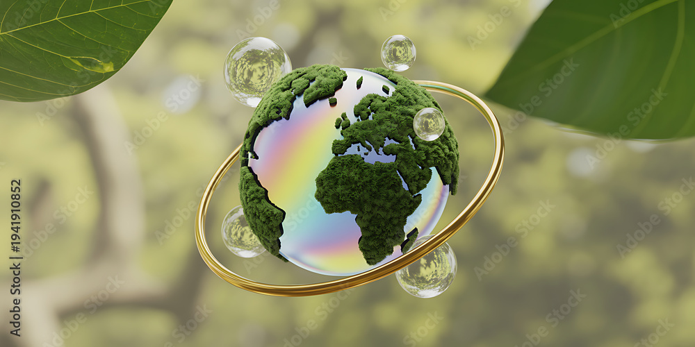 Obraz premium Crystal Ball With Earth Map Reflecting Nature And Rainbow Colors In Sunlight