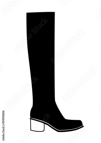 Silhouette illustration of knee high boots with mid block heel and tall shaft. Elegant fashion footwear vector illustration isolated on white background.