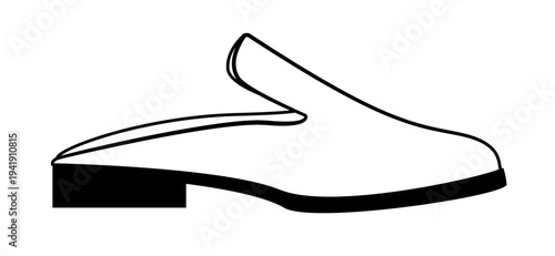 Line outline illustration of low heel mule shoes with closed toe and open back. Vector illustration of elegant female footwear isolated on a white background.