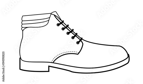 Line illustration of a classic lace up ankle boot with padded collar and simple sole. Casual footwear design isolated on white background.