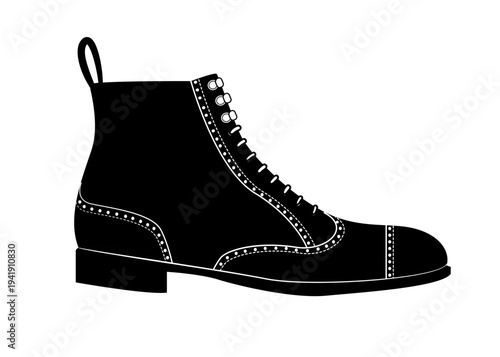 Black silhouette of classic men's balmoral brogue boot featuring closed lacing system, decorative brogue perforations and elegant cap toe.