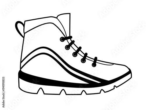 Line outline illustration of hiking ankle boots with lace up design and thick lug sole. Outdoor footwear vector illustration isolated on white background.