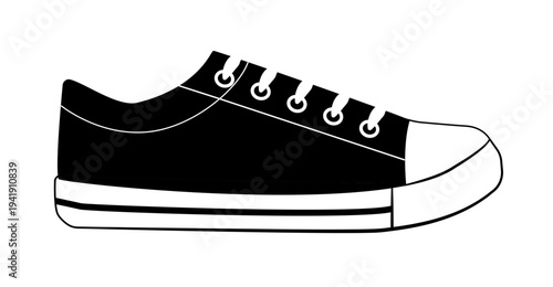 Black silhouette of low top sneaker with lace eyelets and rubber toe cap. Vector illustration of casual sport footwear isolated on white background.