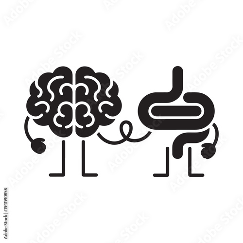 A stylized brain and intestine with legs representing gut brain connection