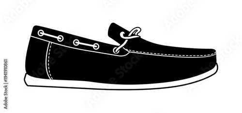 Black silhouette of classic mens boat shoe with side lacing and eyelets. Vector illustration of casual nautical footwear isolated on white background.