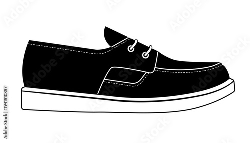 Black silhouette of mens casual loafer with lace eyelets and stitched upper. Vector illustration of modern everyday footwear isolated on white background.
